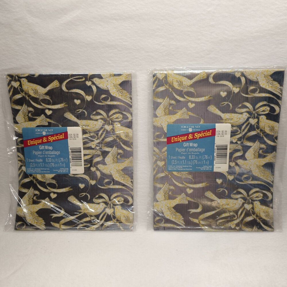 American Greetings Vintage Wedding Gift Wrap Love Birds Hearts NOS Sealed 2 Shee